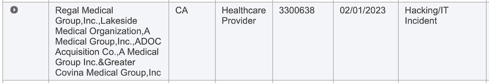 A screenshot from the Department of Health and Human Services' data breach portal, which lists Regal as having notified 3.3 million patients.