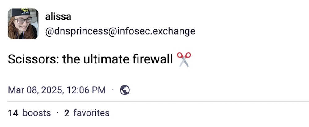 Alissa post on Mastodon: "Scissors: the ultimate firewall ✂️"