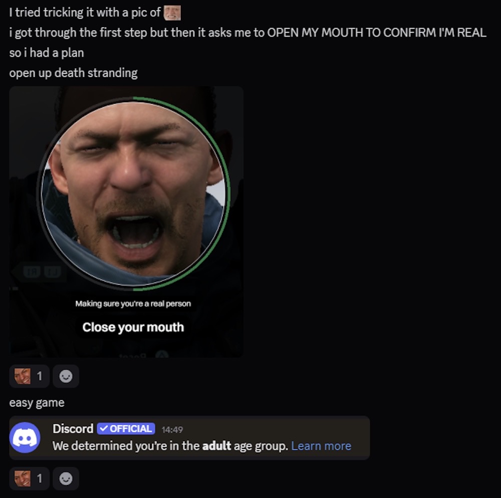 A Discord chat showing a user tricking an age check feature by using a character from "Death Stranding," followed by a Discord message saying: "We determined you're im the adult age group."