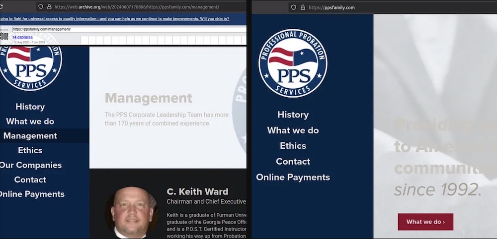 A side-by-side screenshot from JayeLTee's blog, showing the PPS website previously showing the CEO's name and face, and then a photo of the website with it removed following JayeLTee's disclosure to the company.