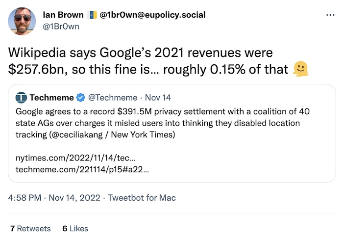 Ian Brown tweet: "Wikipedia says Google’s 2021 revenues were $257.6bn, so this fine is… roughly 0.15% of that."