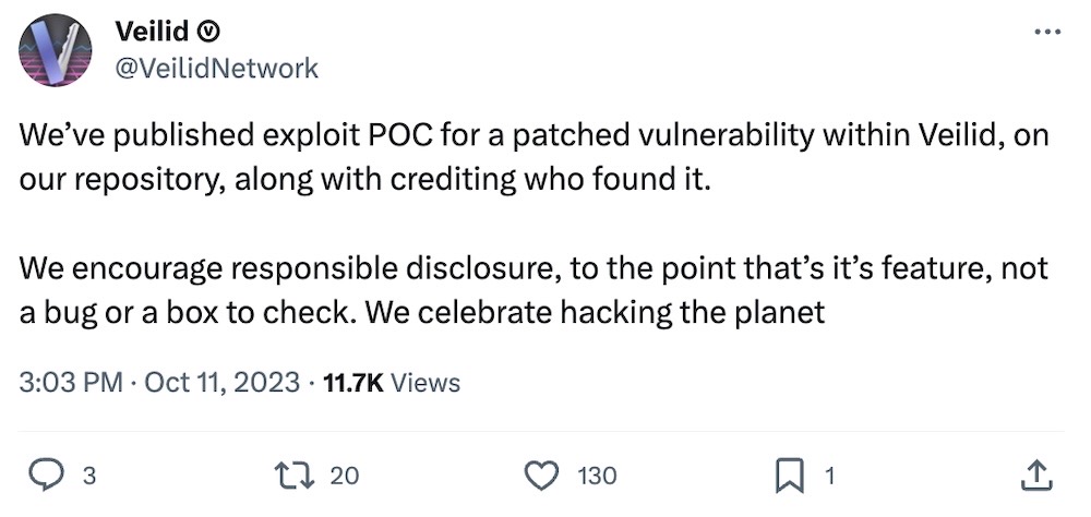 Veilid tweet: "We've published exploit POC for a patched vulnerability within Veilid, on our repository, along with crediting who found it. We encourage responsible disclosure, to the point that’s it’s feature, not a bug or a box to check. We celebrate hacking the planet"