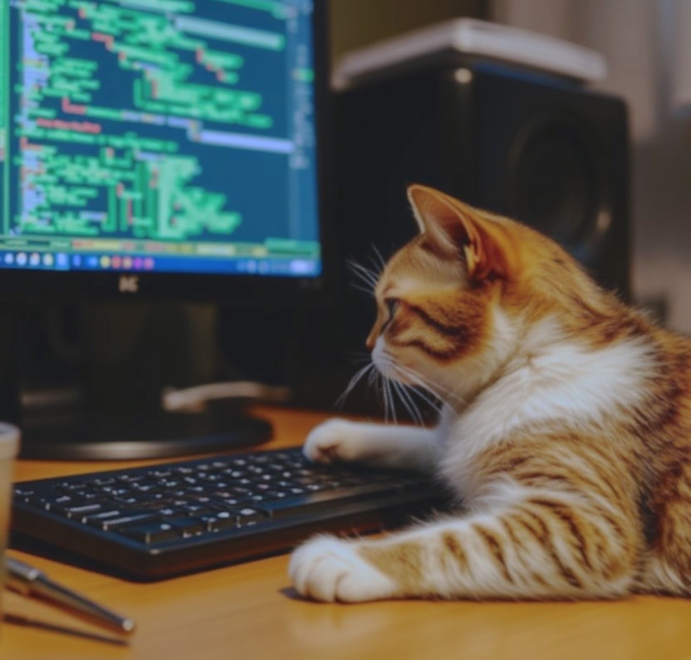 Tabasco is an orange and white kitty who is sat on his human's desk, with one of his paws on the keyboard, looking in the direction of the computers screen, which has a bunch of code on it. Very, very cute kitty. 
