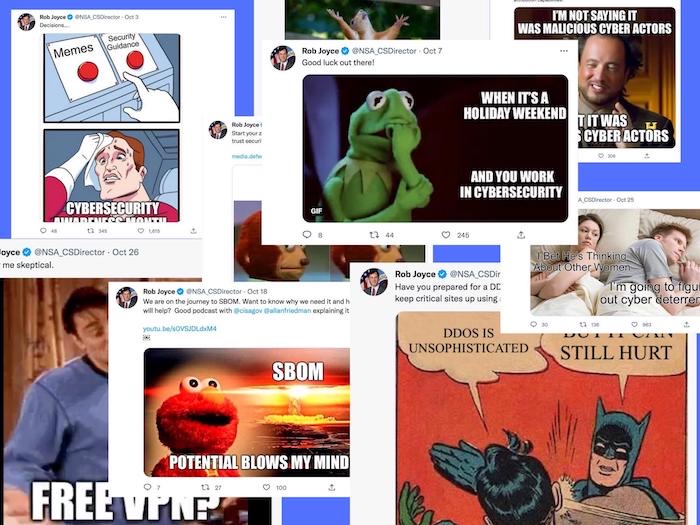 A collage of different memes tweeted out by NSA cybersecurity director Rob Joyce.