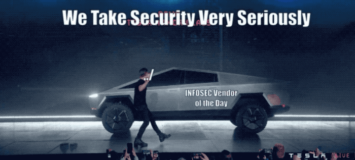An animated GIF of someone throwing a path traversal bug (.../) at a Cybertruck, which is labeled "Infosec vendor of the day," and the window smashing. The caption is titled, "We take security very seriously."