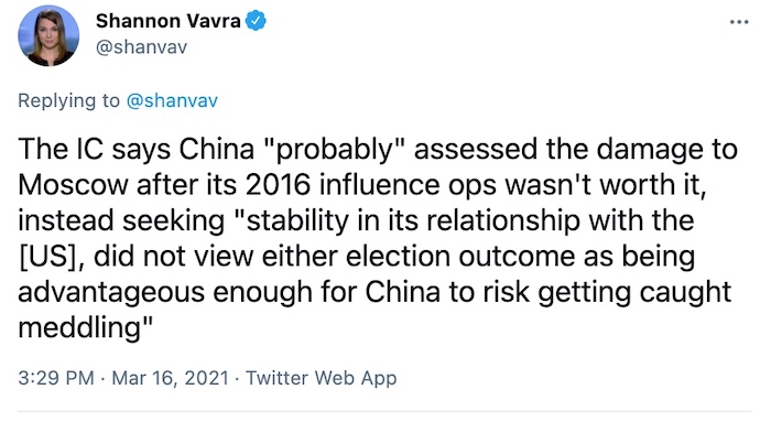 Shannon's tweet says China didn't want to get involved in efforts to meddle in the U.S. election in 2020.