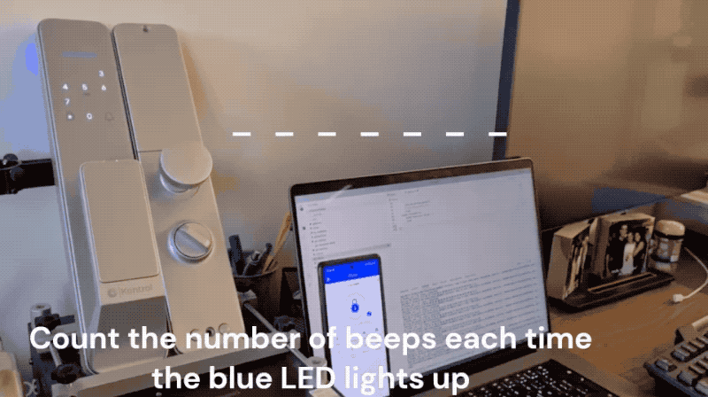 A video sped-up showing an exploit figuring out the seven-digit passcode for a smart door lock on a test lab.