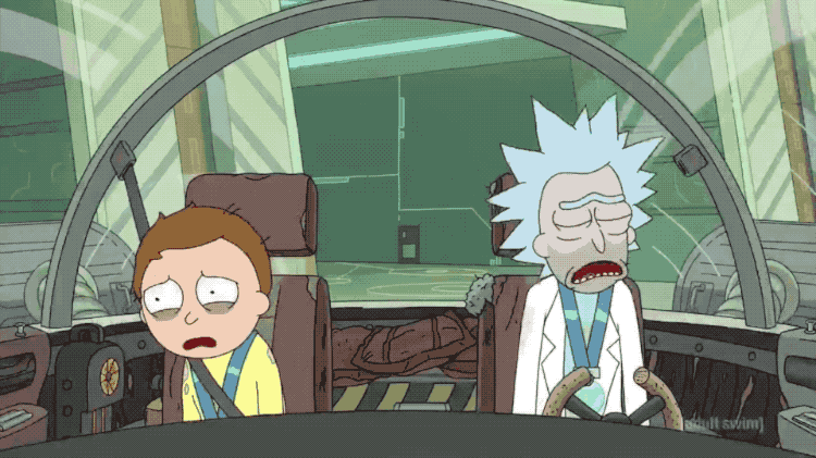 An animated GIF from a Rick and Morty episode where Rick and Morty are in their spaceship and they're crying, screaming, and  completely losing it.