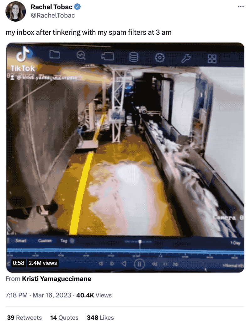 Rachel Tobac tweet: "my inbox after tinkering with my spam filters at 3am" followed by an animated GIF of a chute of fish flooding a conveyer belt in a fish processing factory.