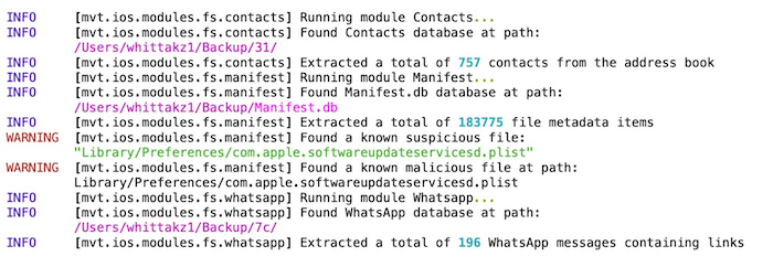 A screenshot of MVT, a toolkit developed by Amnesty International, to detect Pegasus infections.