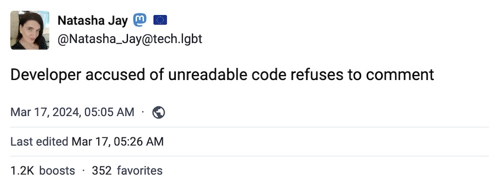 Natasha Jay toot: "Developer accused of unreadable code refuses to comment"