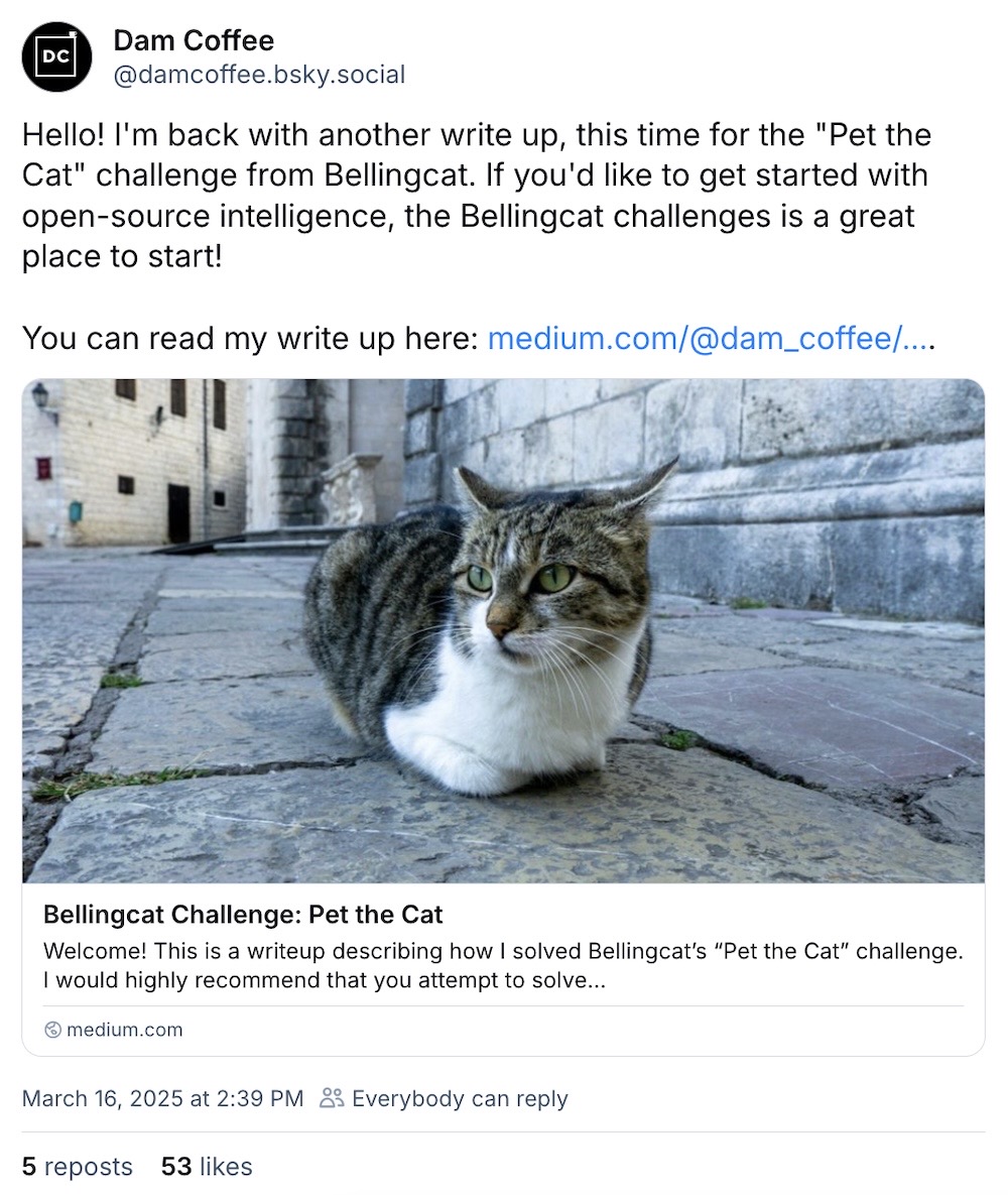 Dam Coffee post on Bluesky: "Hello! I'm back with another write up, this time for the "Pet the Cat" challenge from Bellingcat. If you'd like to get started with open-source intelligence, the Bellingcat challenges is a great place to start!"