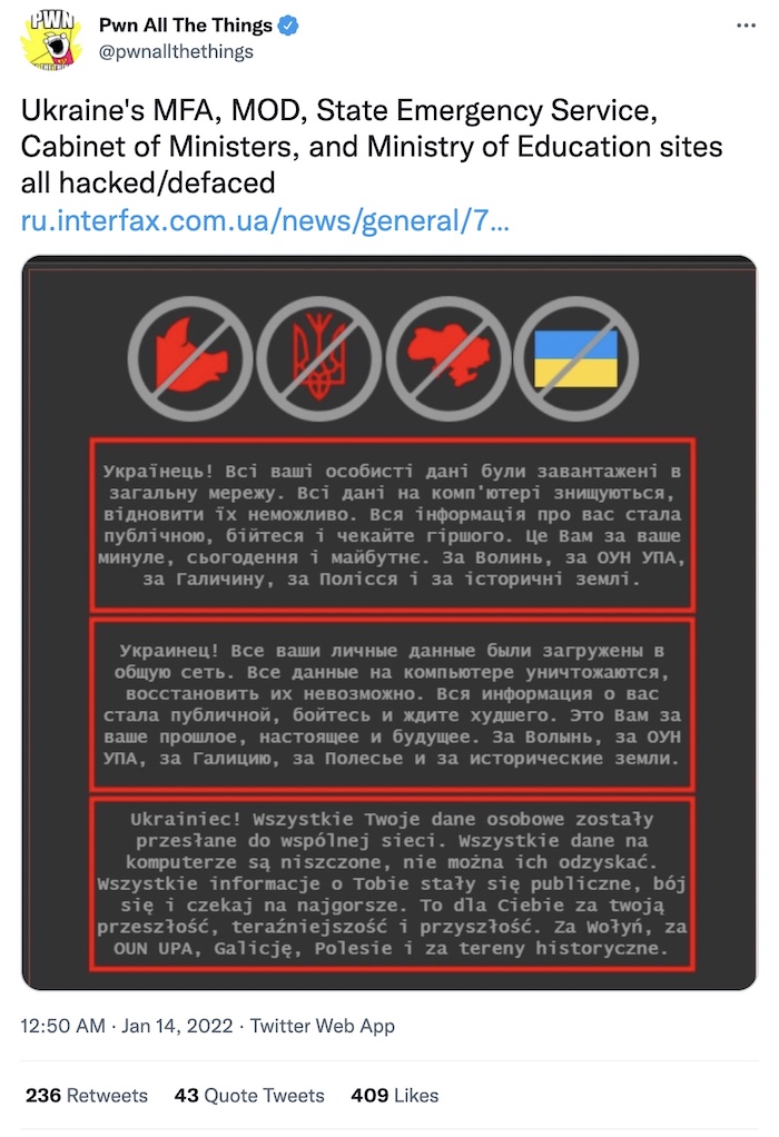 Tweet by Pwn All The Things: "Ukraine's MFA, MOD, State Emergency Service, Cabinet of Ministers, and Ministry of Education sites all hacked/defaced"