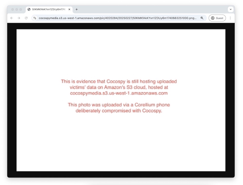 A screenshot of a photo, hosted on Amazon Web Services, which was uploaded via a virtual Android device deliberately compromised with Cocospy stalkerware during a TechCrunch investigation, showing definitive proof that spyware data is uploaded and hosted on AWS.
