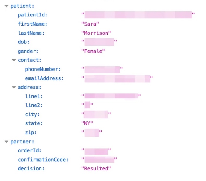 A screenshot of the author's own exposed COVID-19 test data, but with redactions.