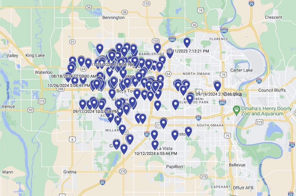 A screenshot of a Google Map showing all of the locations across Omaha where Sam Curry tracked his mum's Subaru car using bugs in a Subaru staff portal. 