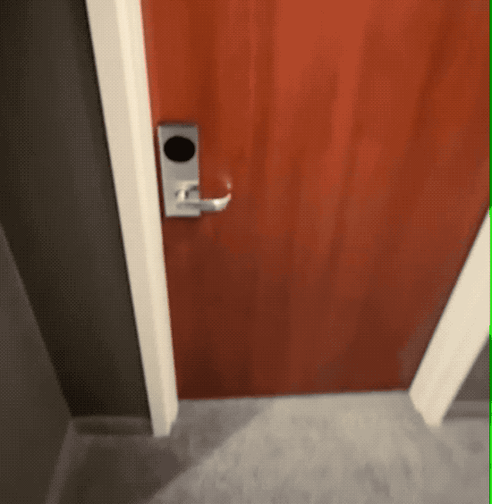 A slightly sped-up version of the exploit in progress: someone taps a keycard on a hotel door lock, and then another, and it opens.