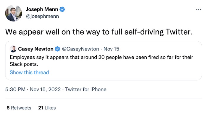 Joseph Menn tweet: "We appear well on the way to full self-driving Twitter."