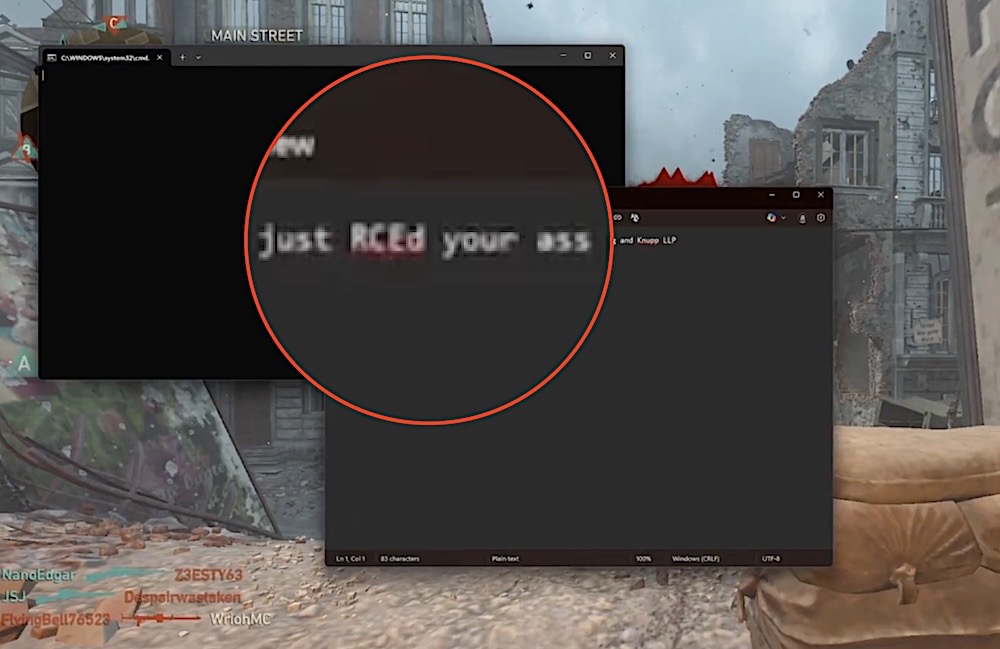 A screenshot of a gamer playing Call of Duty: WWII and mid-way through the game two command line windows appear, one of which says "just RCE'd your ass."