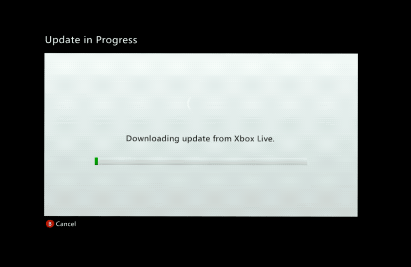A glitchy graphic showing an Xbox 360 update in progress, followed by a screen that shows "Exploitation complete."