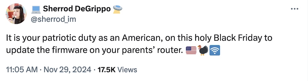 Sherrod DeGrippo tweet: "It is your patriotic duty as an American, on this holy Black Friday to update the firmware on your parents’ router."