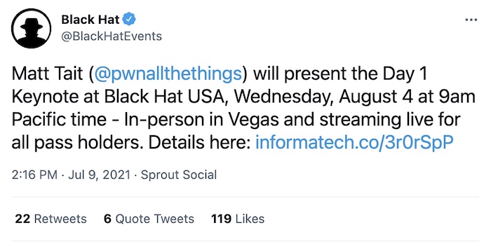 A tweet from Black Hat announcing Correllium's Matt Tait as keynote speaker.
