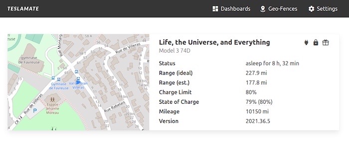 A screenshot of an exposed Teslamate instance, which shows details about an owner's Tesla vehicle.