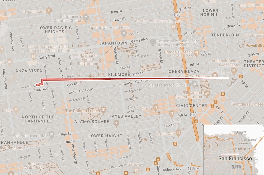 A screenshot of a geofence warrant that spans from Fortuna Avenue to Leavenworth Street in San Francisco