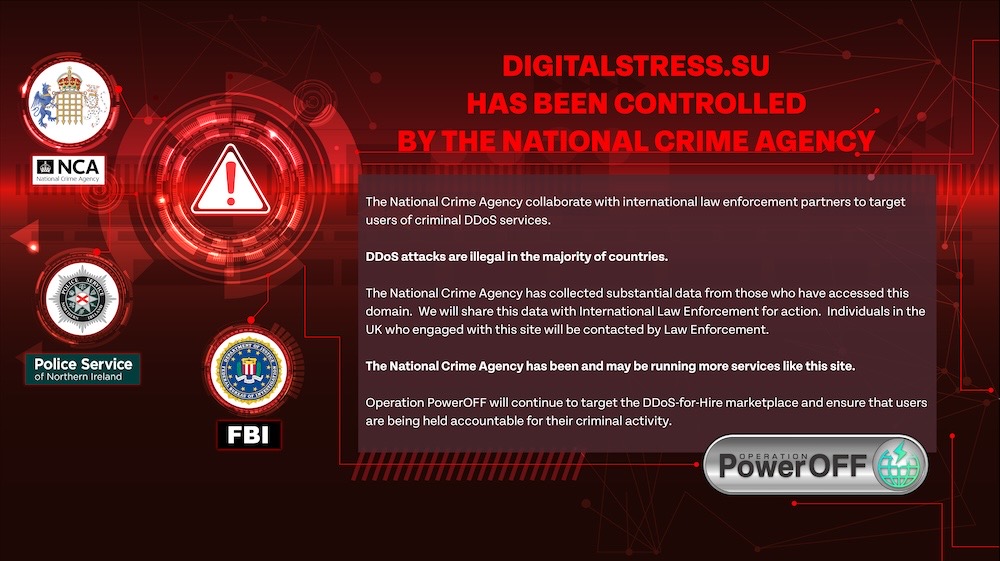 A splash screen seizure notice on the DigitalStress.net/.su website, which says "has been controlled" by the National Crime Agency. A selection of the screenshot reads: "The National Crime Agency has collected substantial data from those who have accessed this domain. We will share this data with International Law Enforcement for action. Individuals in the UK who engaged with this site will be contacted by Law Enforcement."