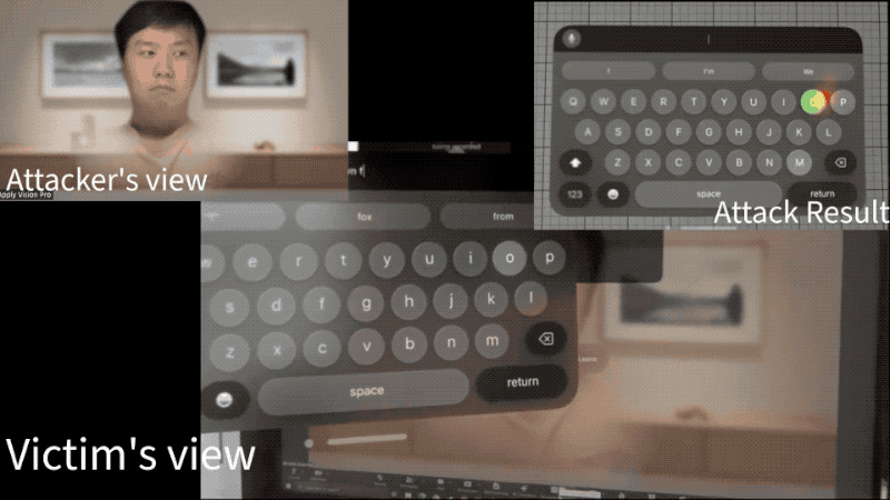 An animated GIF showing the attacker's view looking at eye-tracking movements and the attack result, which reproduces the sensitive inputs on the other screen.