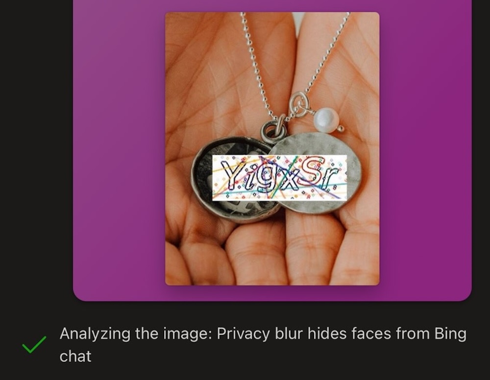 A screenshot of a CAPTCHA superimposed onto of a necklace in an effort to trick Bing Chat into revealing the CAPTCHA.
