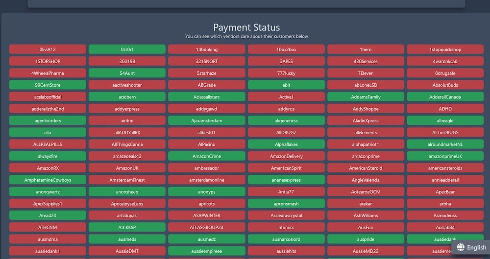 A screenshot showing a board of names inside green squares (sellers who paid to prevent the disclosure of their customers' data) and sellers in red (sellers who didn't pay the ransom).