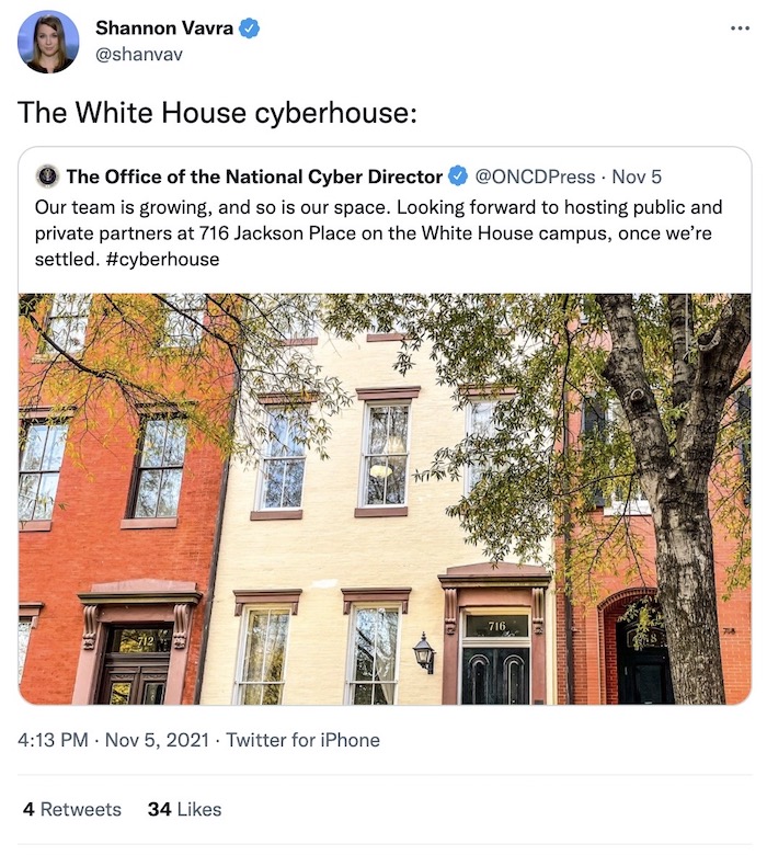 A photo of the so-called White House "cyber house", a brownstone building in Washington DC and home to the new office of the National Cyber Director.