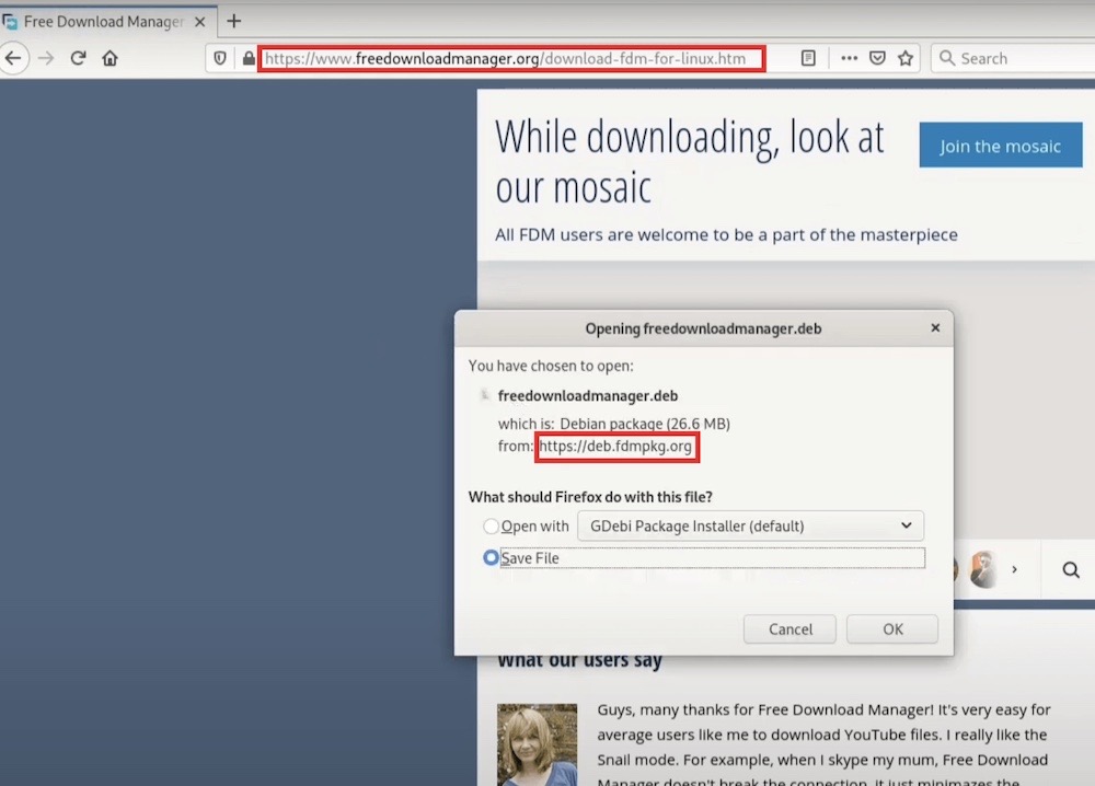 A screenshot of freedownloadmanager[.]org in the address bar of a Firefox window on Linux, showing a download box appear with an installer from a different, malicious domain.