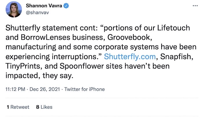 Shannon Vavra tweet thread: "A bit of news: I’m told  @Shutterfly  has been hit w/ a ransomware attack in recent days."