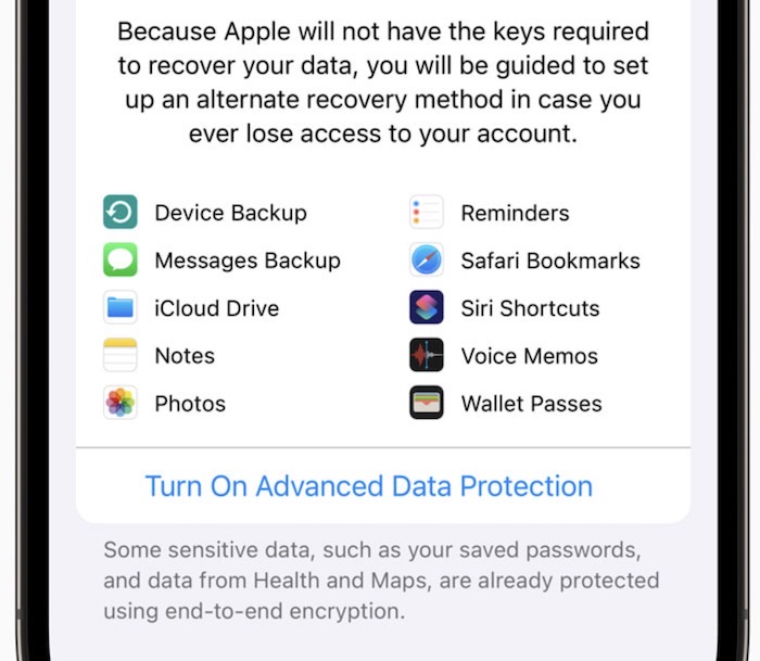 A screenshot showing iOS 16.2 with advanced data protection as a new cloud encryption feature.