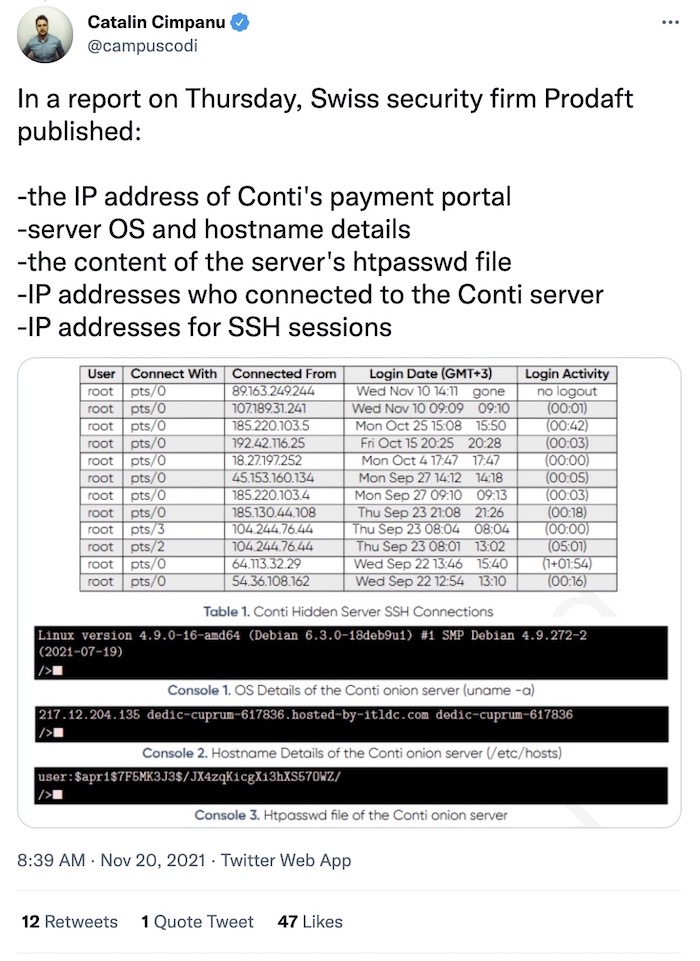 A tweet by Catalin Cimpanu explains the takeaways from the Prodaft report. Follow the link for more.