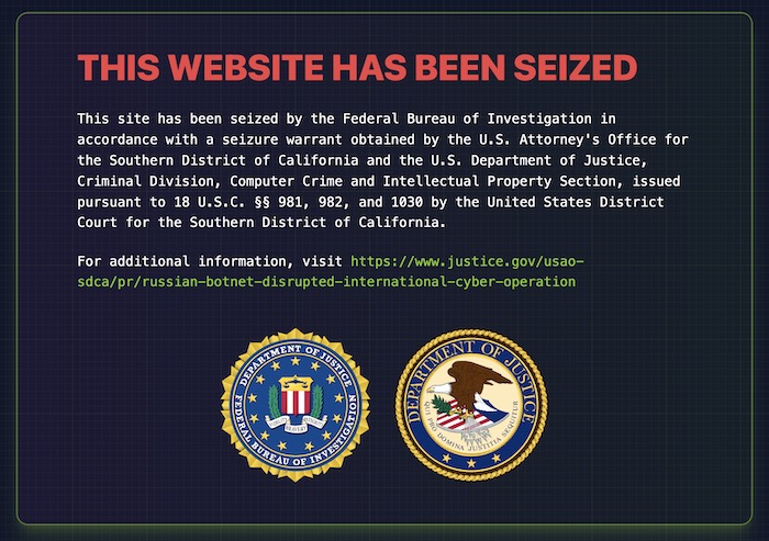 A DOJ seizure notice on Rsocks' website, which reads: "This site has been seized by the Federal Bureau of Investigation in accordance with a seizure warrant obtained by the U.S. Attorney's Office for the Southern District of California."