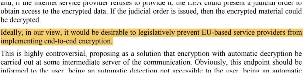 A screenshot from a EU document that says, attributed to Spain: "Ideally, in our view, it would be desirable to legislatively prevent EU-based service providers from implementing end-to-end encryption. in our view, it would be desirable to legislatively prevent EU-based service providers from implementing end-to-end encryption."