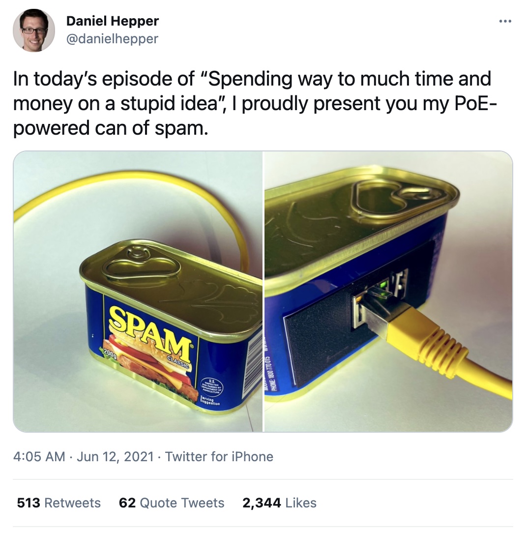 A Raspberry Pi board running Pi-Hole in a traditional Spam meat can.