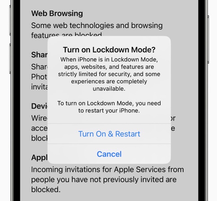 A screenshot on an iPhone running the upcoming iOS 16 showing Lockdown Mode as a feature to turn off certain features to reduce the attack surface. 