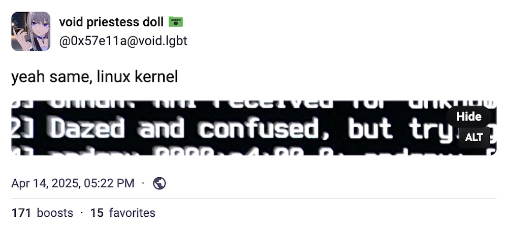 void priestess doll post: "yeah same, linux kernel," followed by a screenshot from the Linux kernel code, which reads: "Dazed and confused, but try."