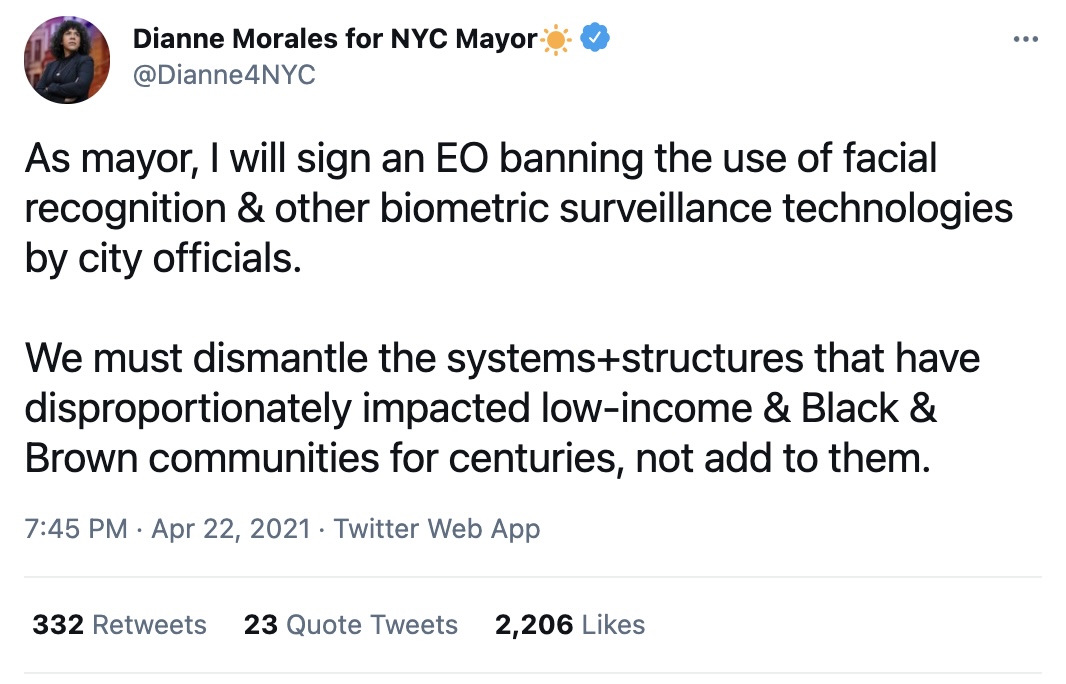 Tweet from NYC mayoral candidate Dianne Morales who said she would ban facial recognition in the city if elected.