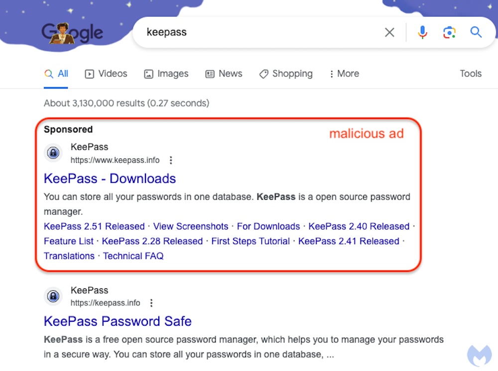 A screenshot of "keepass" search results in Google with the top result a malicious spoofed domain.