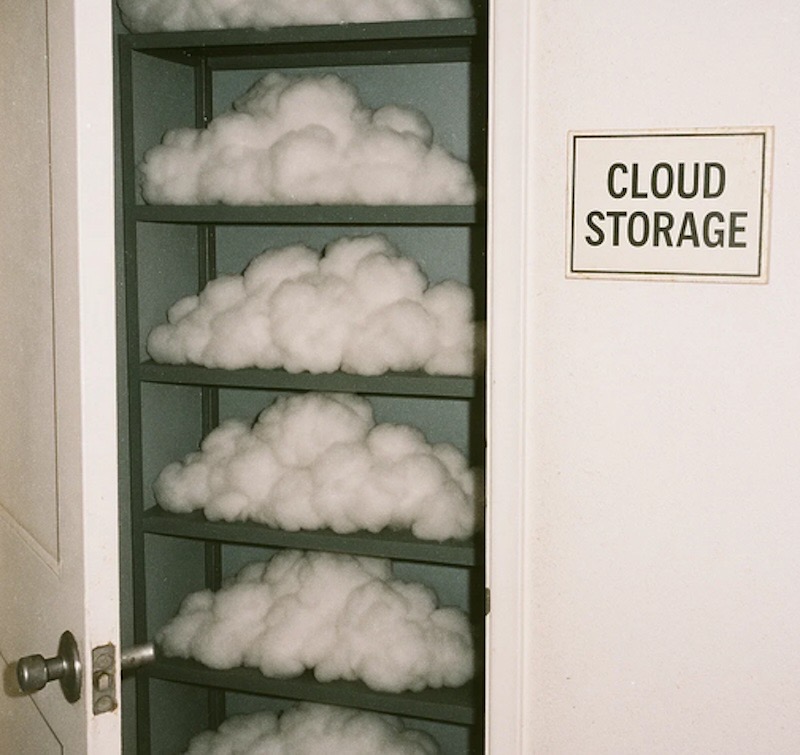 a closet behind a door with what would appear to be literal clouds.  A "Cloud Storage" sign can be seen beside the door opening.