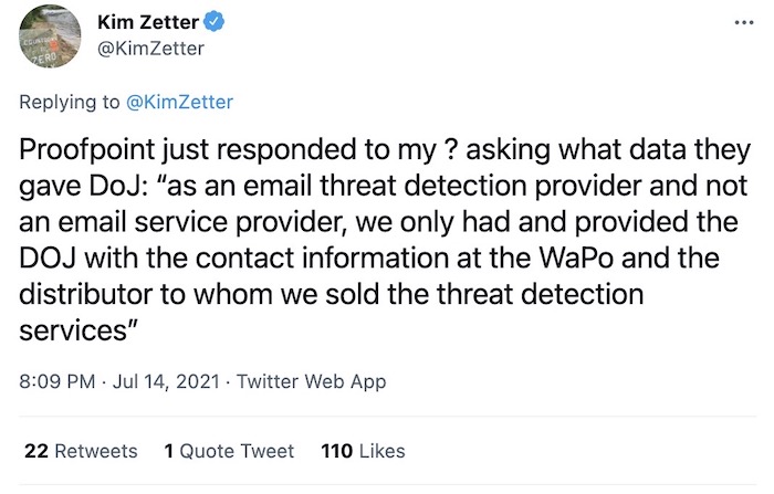 Tweet from Kim Zetter with Proofpoint's response, which was effectively "go ask the Washington Post."