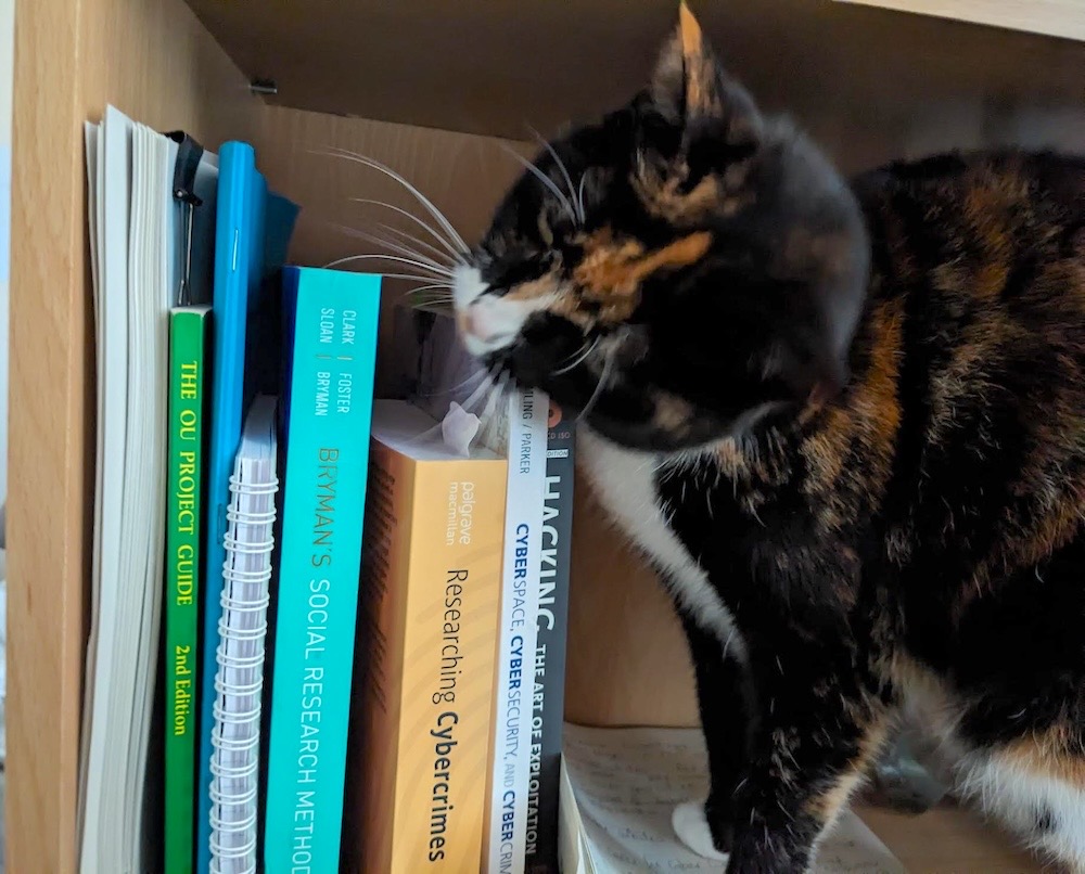 Kiki can be seen chomping on a book that's called "Cyberspace" and another called "Hacking."