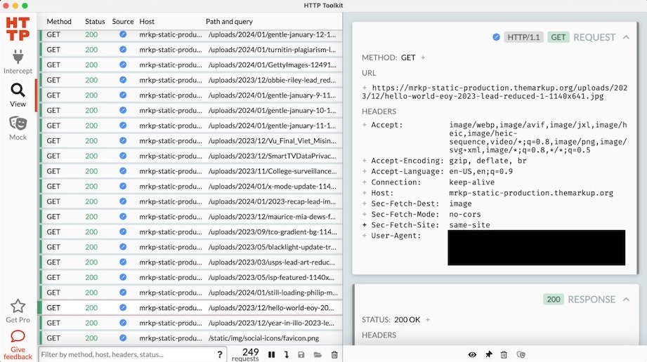 A screenshot from The Markup's story of HTTP Toolkit, featuring a stream of network queries and their contents.