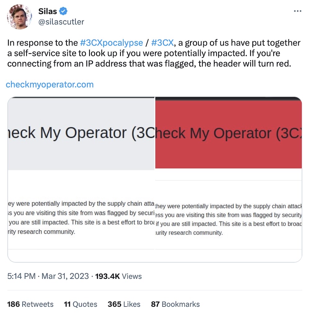 Silas Cutler tweet: "In response to the 3CXpocalypse/3CX, a group of us have put together a self-service site to look up if you were potentially impacted. If you're connecting from an IP address that was flagged, the header will turn red." The tweet also includes a screenshot of the header in red.