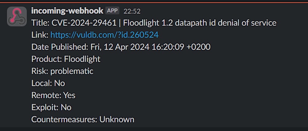 A screenshot of CVENotifier working as a Slack notification, ending details of the CVE, when it was published, which product is affected, and whether the exploit is known, can be remotely exploited, and more.